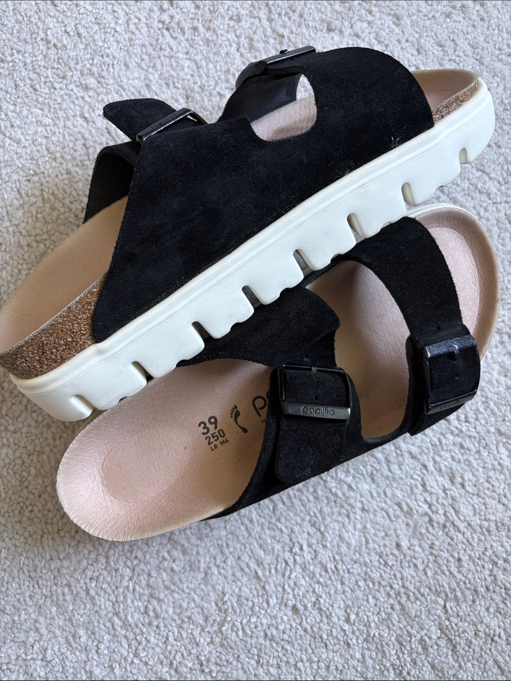 Birkenstock Papillo
Black Suede Dual Buckle Platform Sandals with White Sole